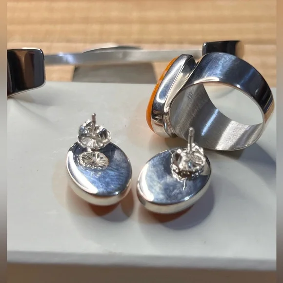 Jay King Orange and spiny shell Sterling silver .925 bracelet, earring and ring